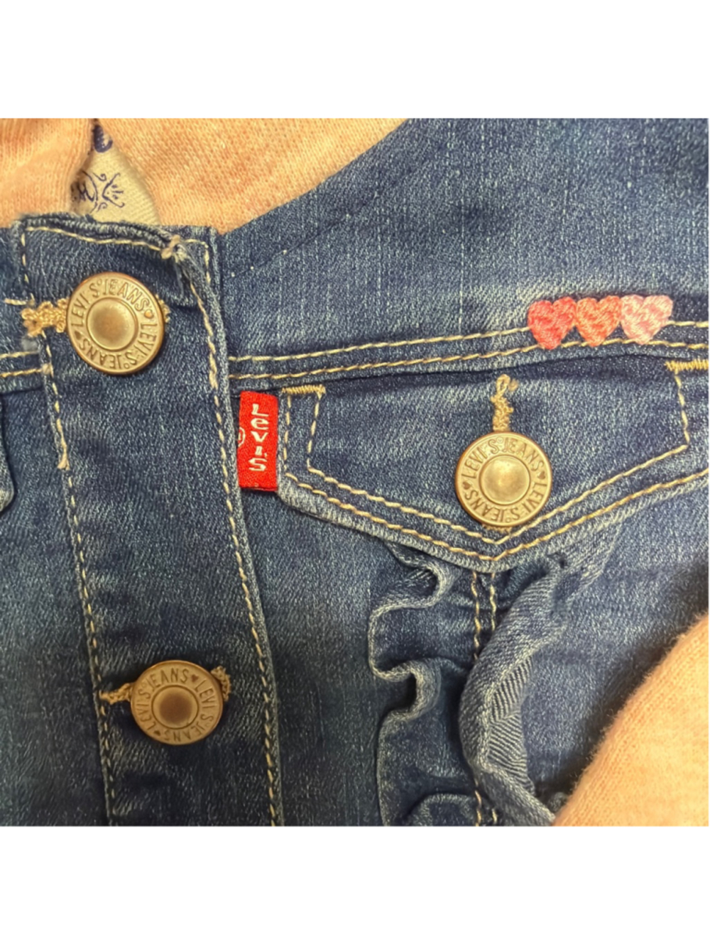Baby Girl Levi's Hooded Denim Jean Jacket 12 Months Knit Sleeves Snap Front - Picture 2 of 5